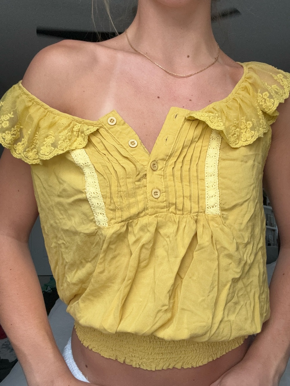 Forever 21 Yellow Lace-Trim Off-Shoulder Crop Top